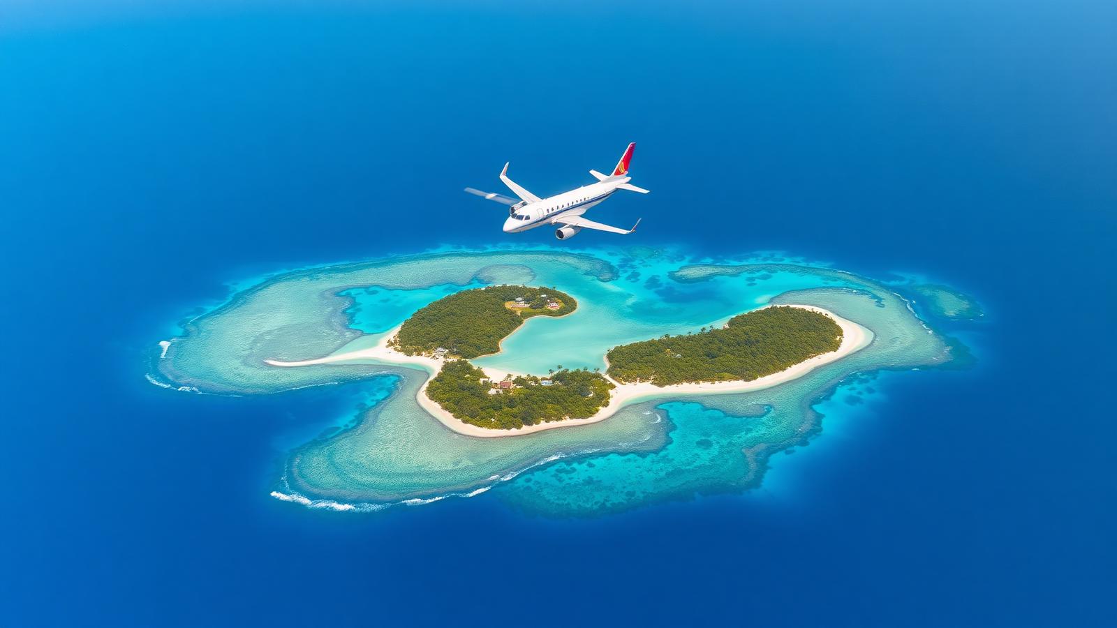 Avion survolant une île tropicale
